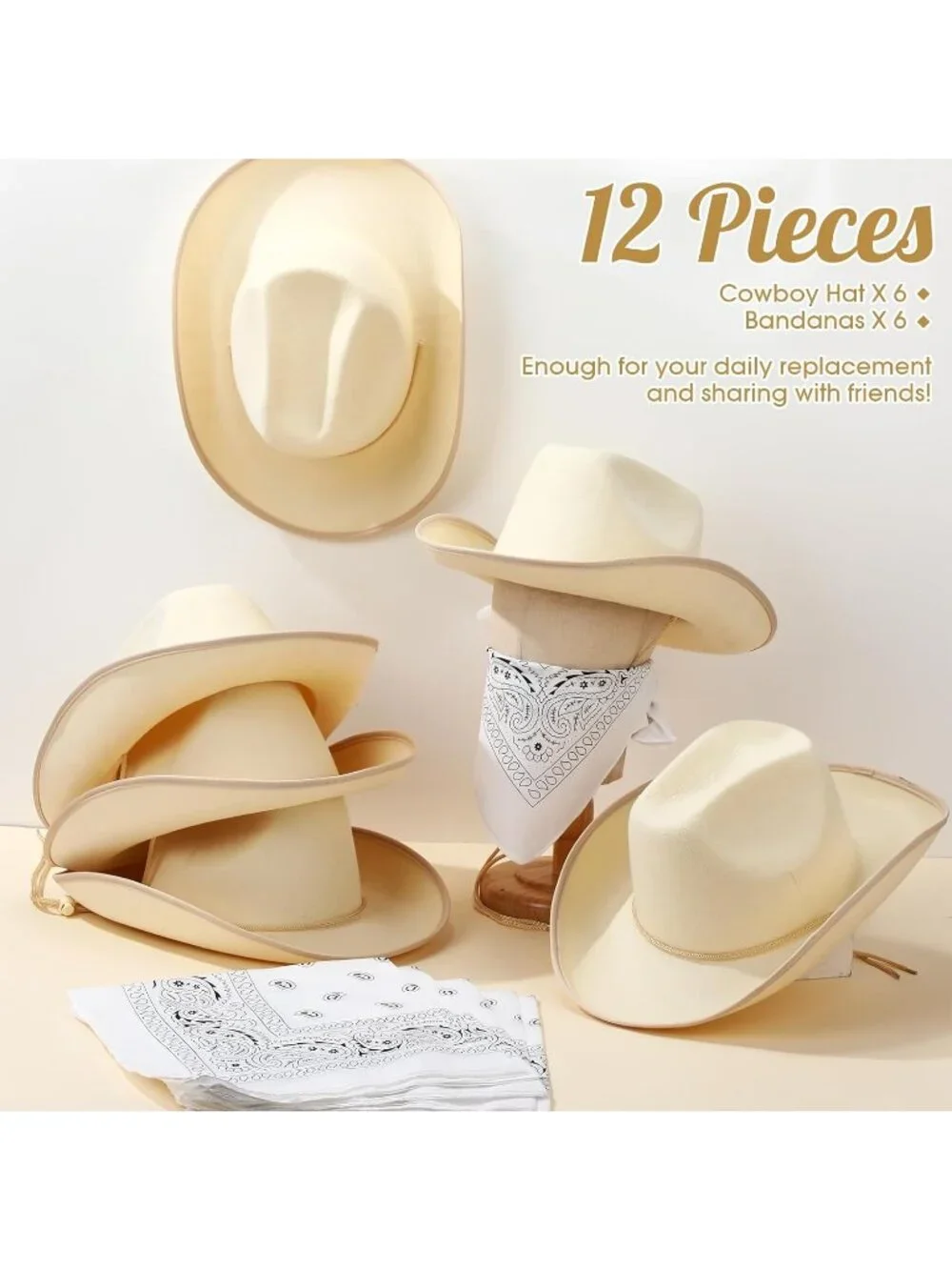 Men's Beige Bandanas Bulk Adjustable Felt Western Cowboy Cowgirl Hat 12 Pcs
